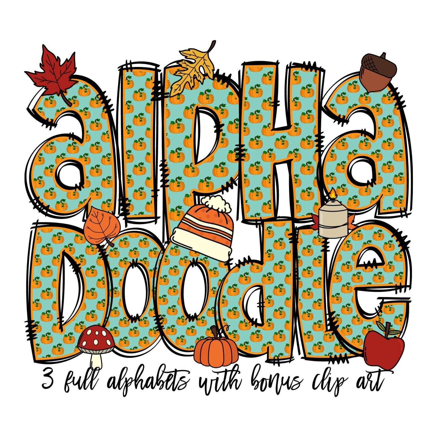 Fall Doodle letters with Clip Art, Hand Drawn Doodle Alpha Bundle, Autumn Leaves Pumpkin Sublimation Font PNG, Patterned Numbers Alphabet,