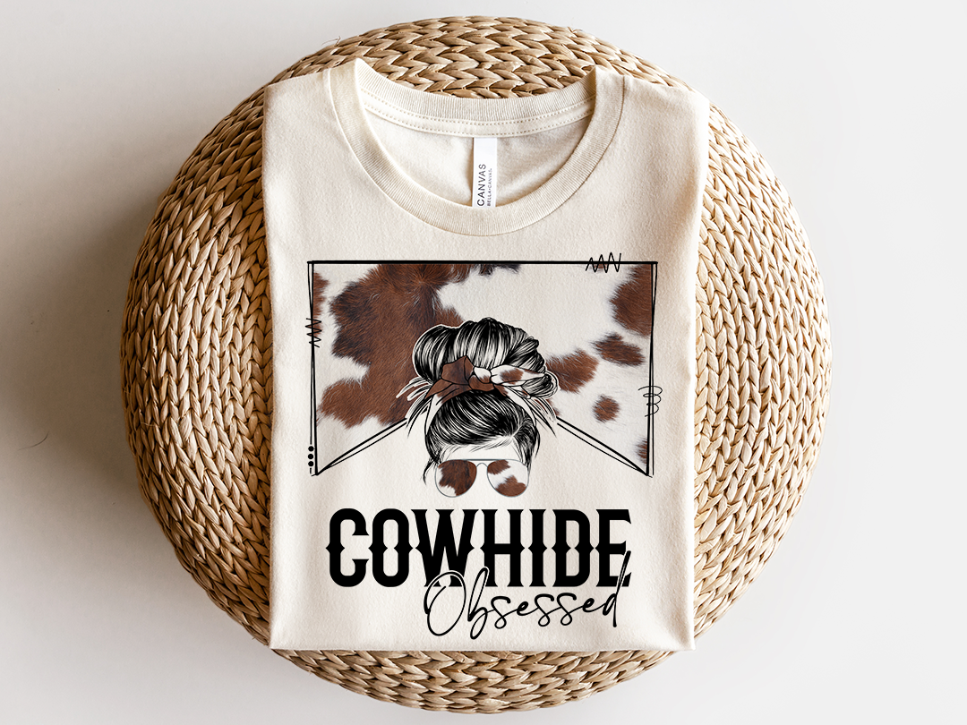 Cow Hide Obsessed Sublimation Design,Country Mama, Western Sublimation Designs, Cow Print Cowhide, Mom Bun, Messy Bun PNG, MOCKUPS included!