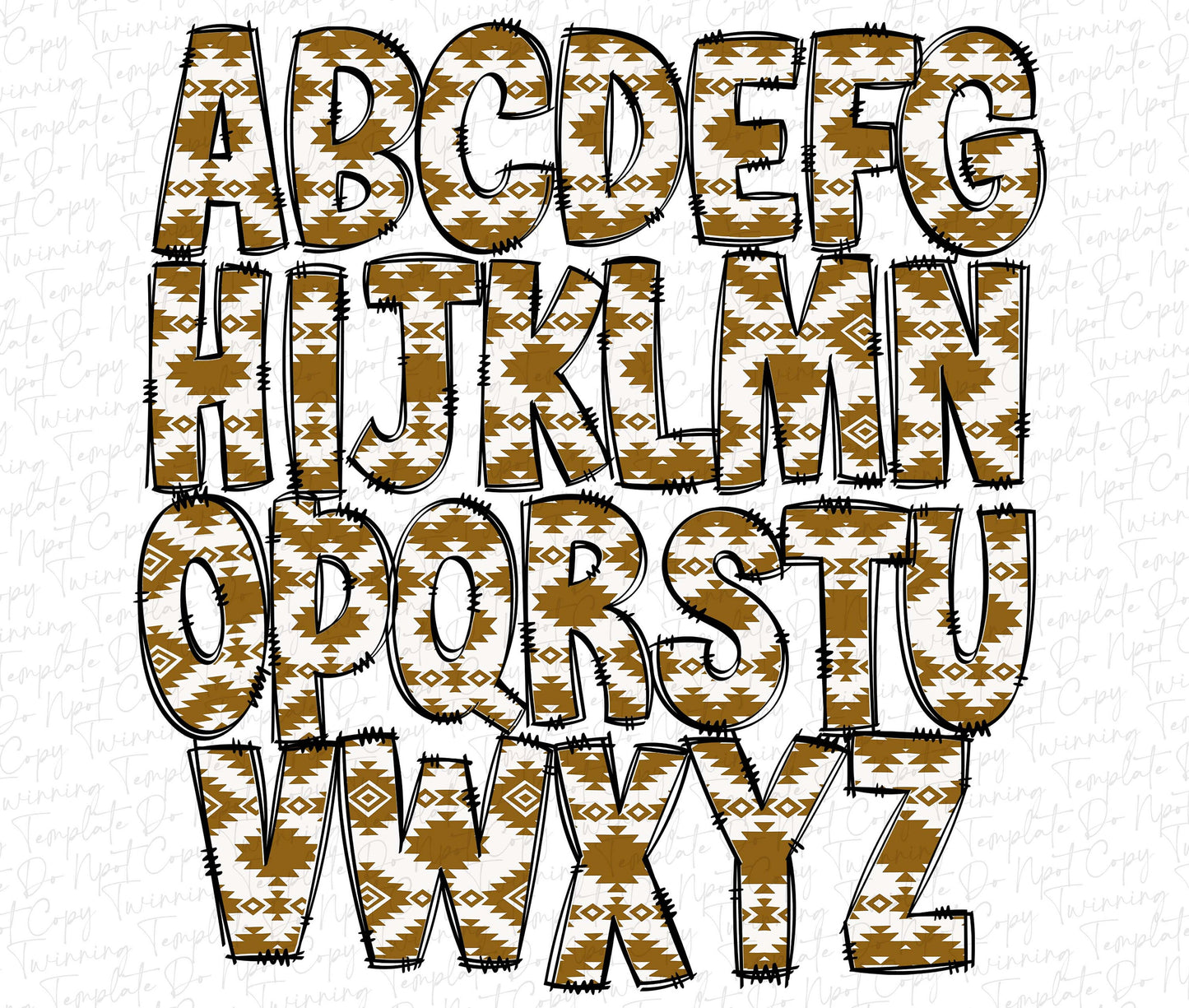 Wester Aztec Doodle letters, Hand Drawn Doodle Alpha Bundle Patterned Numbers & Alphabet Doodle Set Sublimation Font PNG