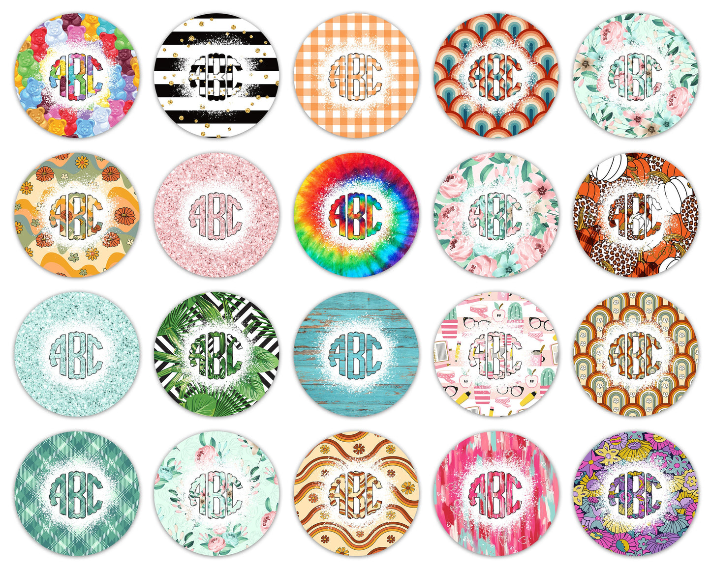 Car Coaster Bundle with Matching Monograms, Clip Art Design, Air Freshener, Keyring Round Sublimation Designs, Car Coasters PNG