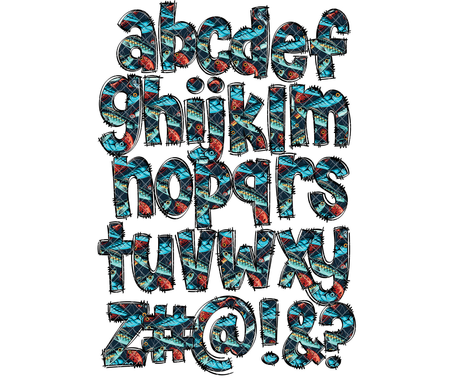 Fishing Lure 20oz tumbler with Doodle letters, Hand Drawn Doodle Alpha Bundle, Sublimation Font PNG, Patterned Numbers & Alphabet