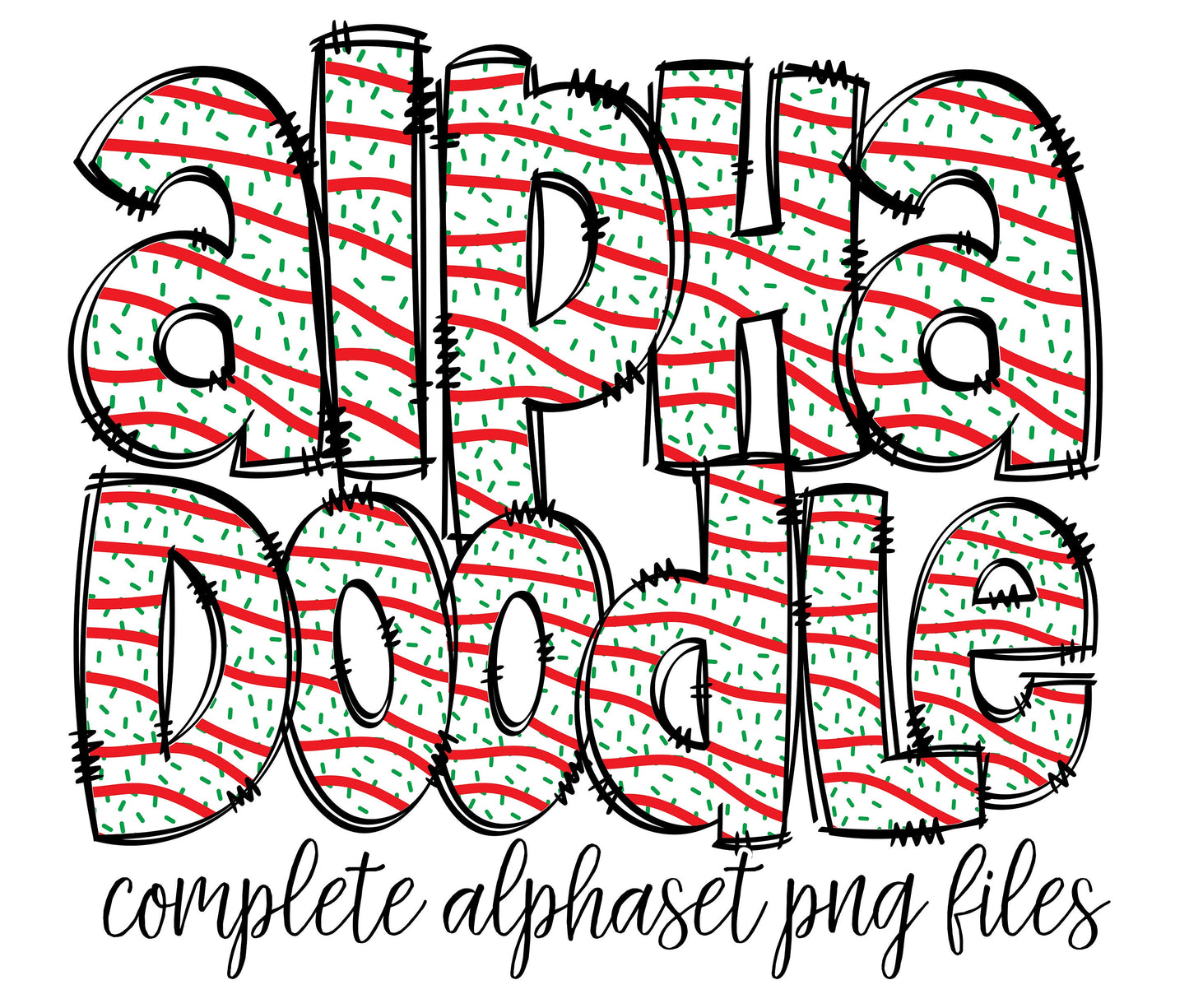 Christmas Tree Cakes Doodle Letters with Matching Xmas Tree Cake Clip Art, Uppercase & Lowercase Alphabet with Numbers Transparent PNG