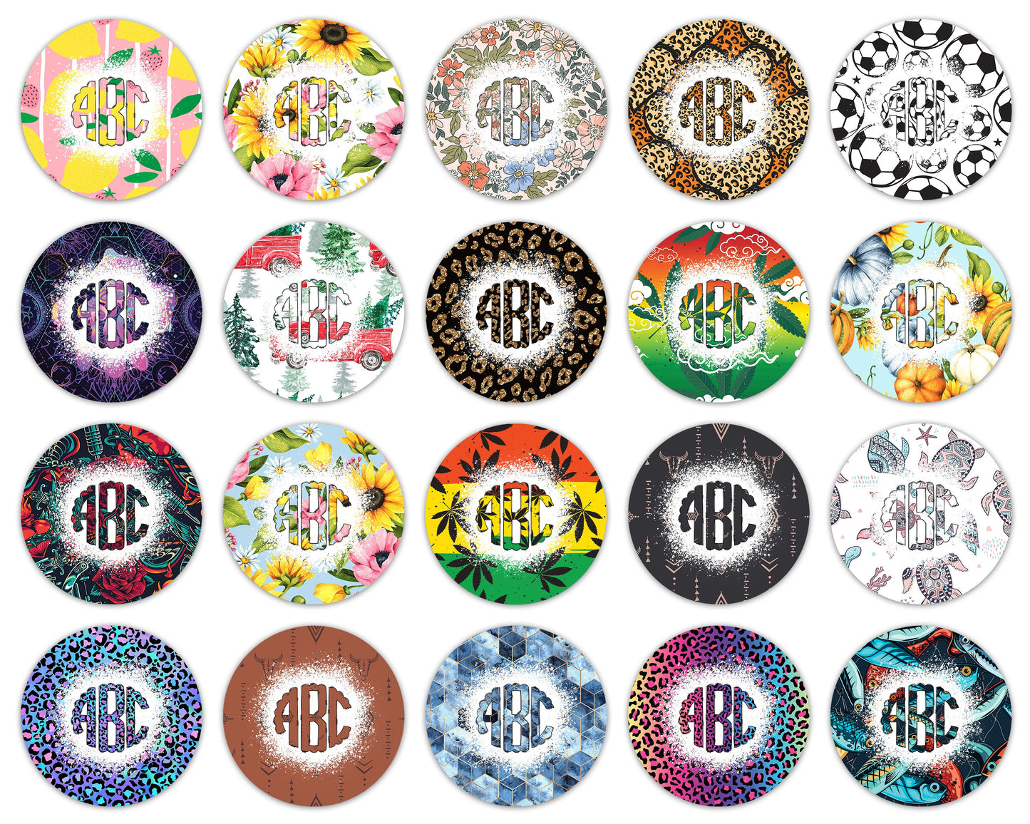 Car Coaster Bundle with Matching Monograms, Clip Art Design, Air Freshener, Keyring Round Sublimation Designs, Car Coasters PNG