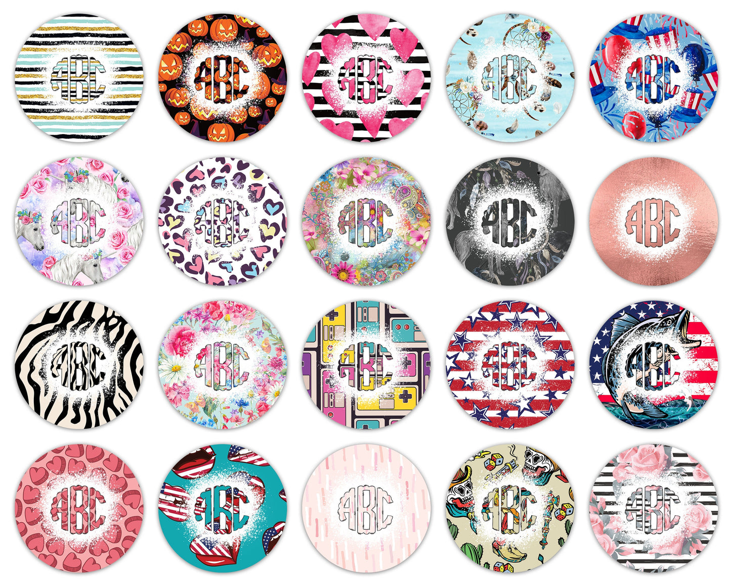 Car Coaster Bundle with Matching Monograms, Clip Art Design, Air Freshener, Keyring Round Sublimation Designs, Car Coasters PNG