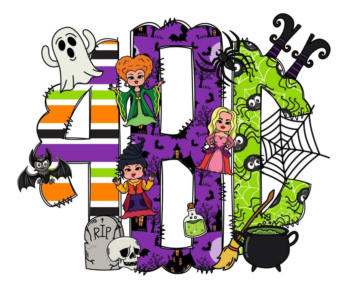 Witch Sisters Doodle Monogram Letters with Clip Art PNG, Halloween Clipart Sublimation 20oz Tumbler Design, Add Your Own Initials Customize