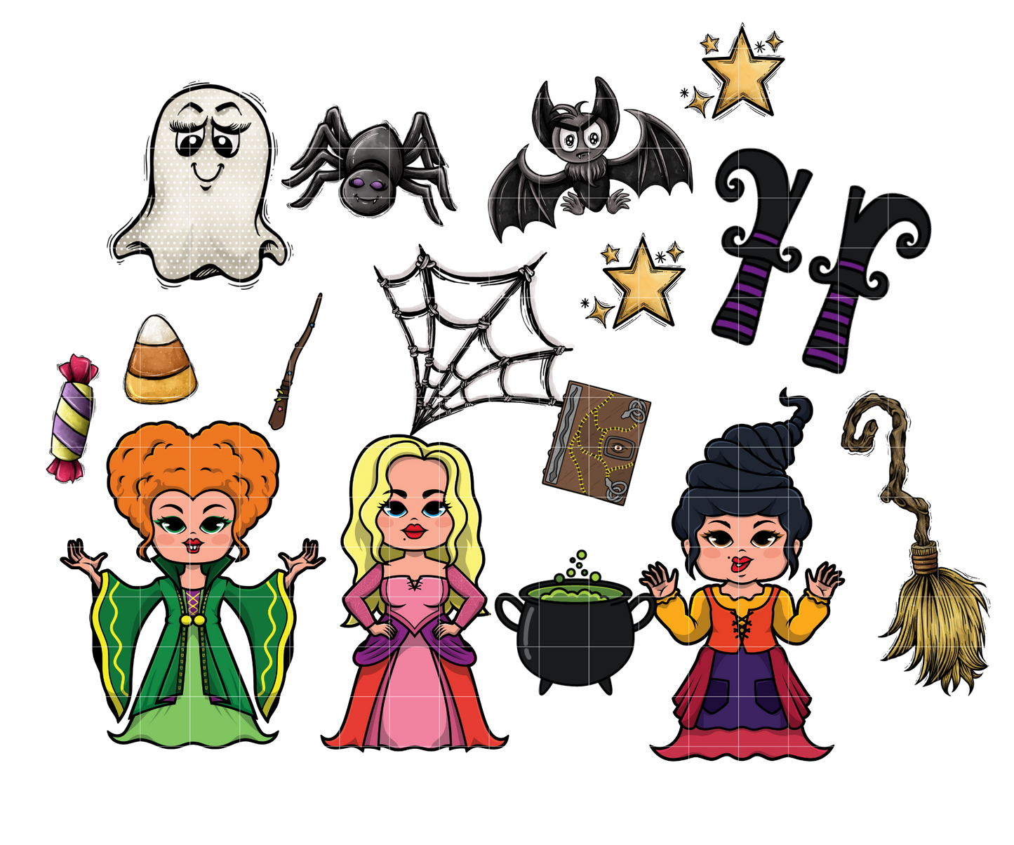 Witch Sisters Doodle Monogram Letters with Clip Art PNG, Halloween Clipart Sublimation 20oz Tumbler Design, Add Your Own Initials Customize