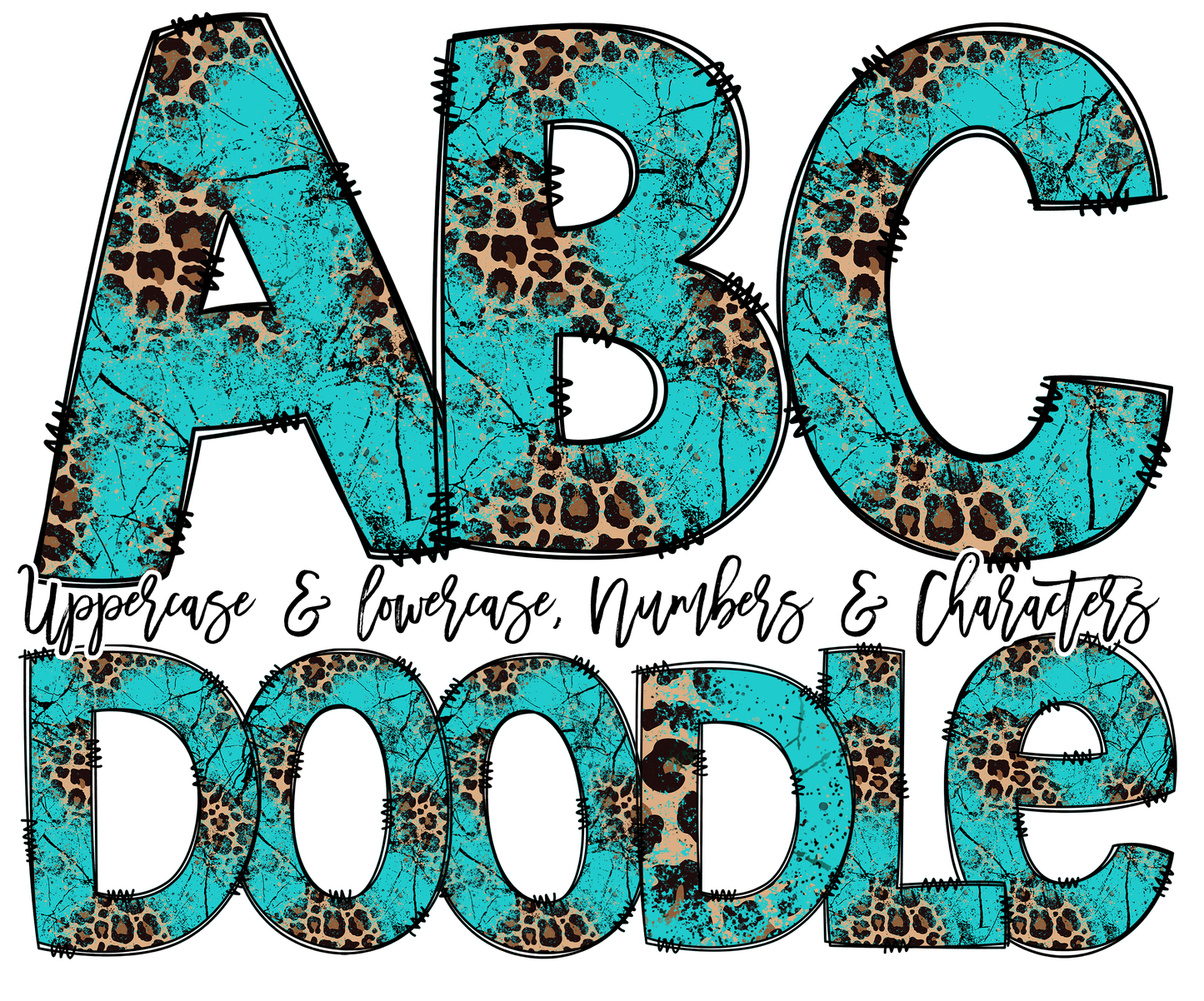 Leopard Turquoise Print Alphabet Letters Bundle, Cheetah Bleach Western, Hand Drawn Alphabet Doodle, Sublimation Alpha Set Designs PNG