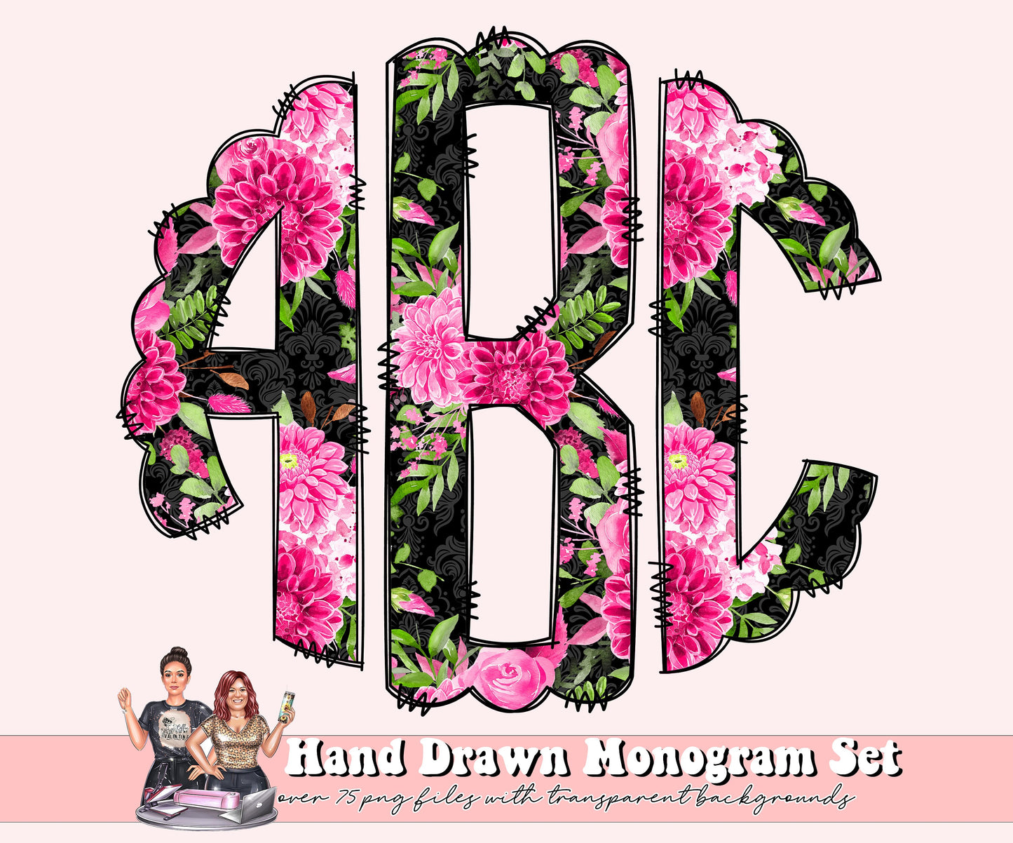 Flowers Monogram Full Alphabet Individually Saved Monogram Letters, Circle Monogram Scalloped Round Left Middle & Right, Doodle Letters PNG