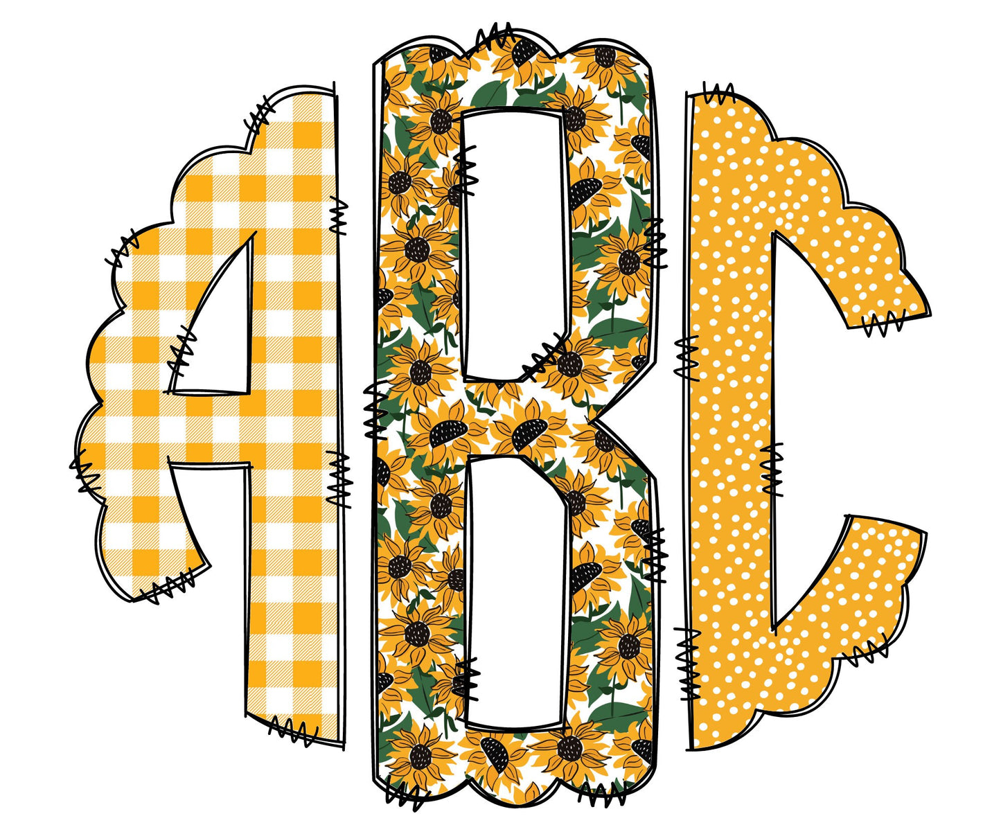 Sunflower Fall Monogram Letters, Boho Sublimation PNG Elements Hand Drawn Doodle Alpha Bundle, Spring Gingham Sublimation Font PNG Floral