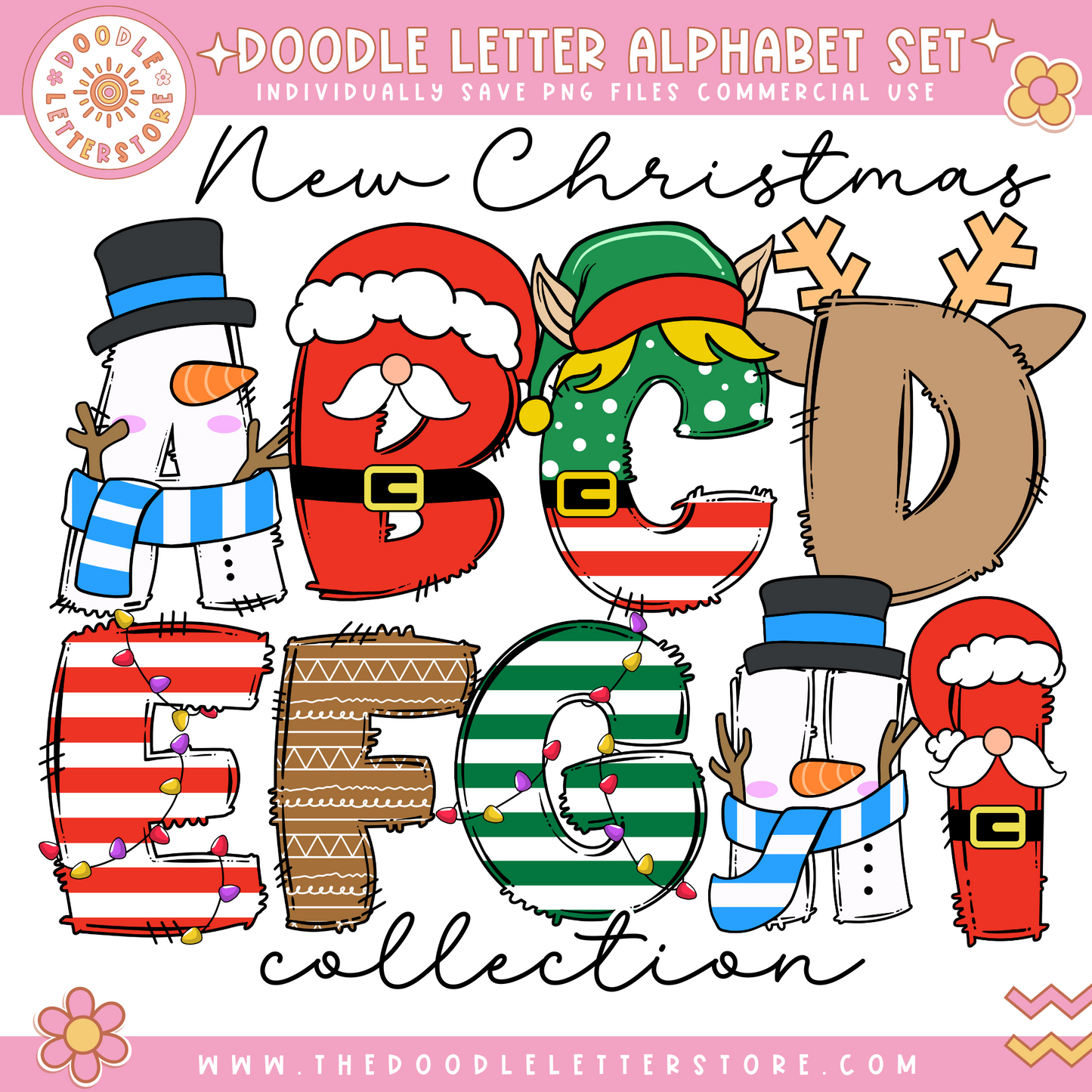 Christmas Clip Art + Doodle Letters and Numbers, Uppercase Alphabet Set, Retro Christmas Sublimation Letters, Santa Xmas Holidays PNG