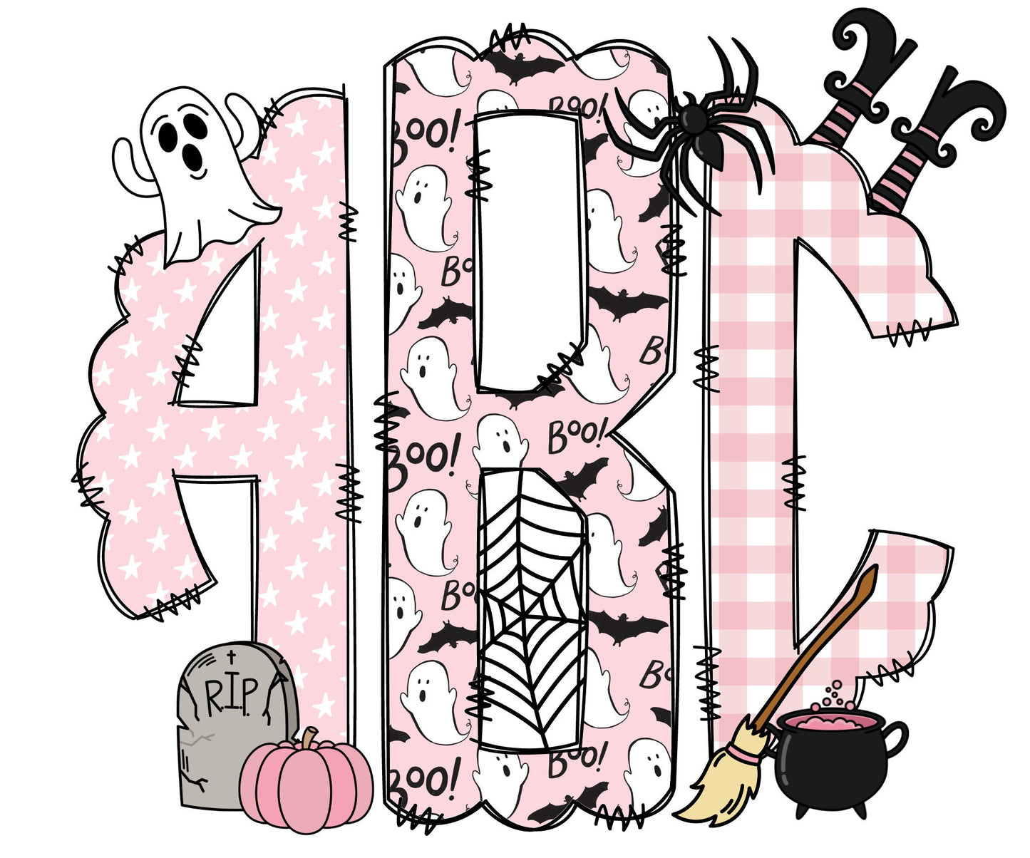 Pink Halloween Monogram Letters with Clip Art PNG, Fall Autumn Clipart Sublimation, Doodle Alpha Bundle, Trick or Treat Sublimation Font PNG