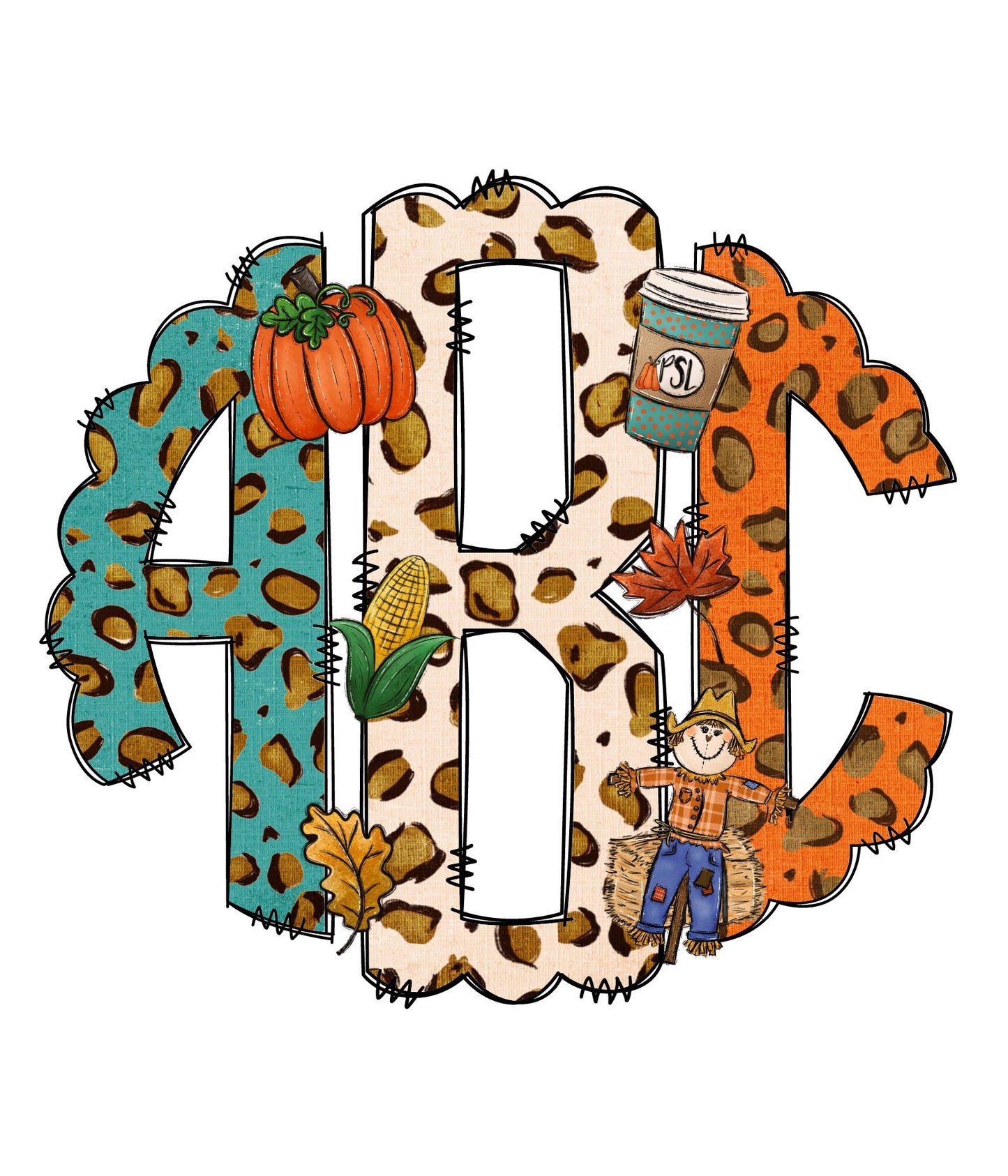 Fall Monogram Letters, Autumn Leaves Sublimation PNG Elements Hand Drawn Doodle Alpha Bundle, Leopard Boho Pumpkin Sublimation Font PNG