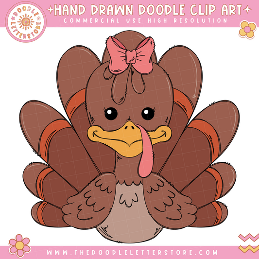 Girl Turkey PNG, Thanksgiving Turkey with Bow Sublimation File, Girls Thanksgiving T Shirt Design, Hand Drawn Clip Art Popular Trending Kids