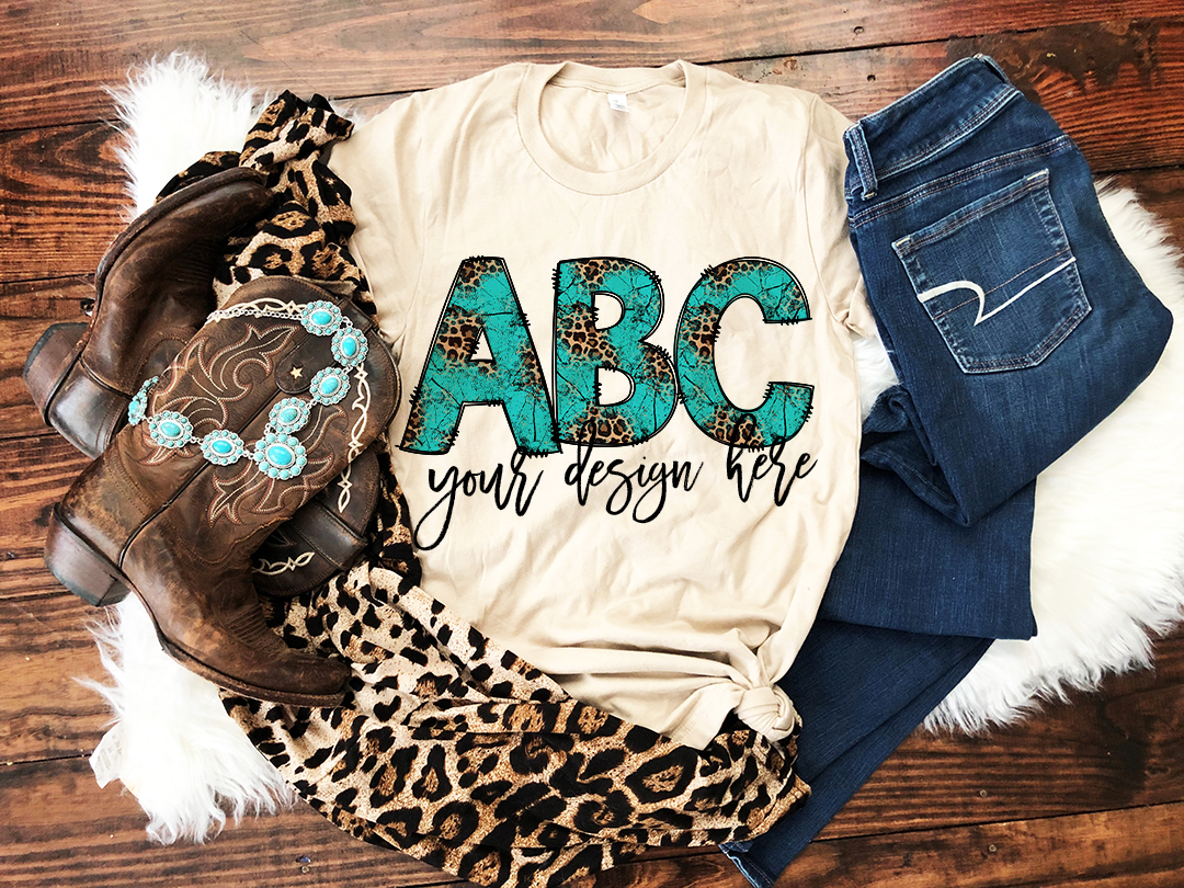 Leopard Turquoise Print Alphabet Letters Bundle, Cheetah Bleach Western, Hand Drawn Alphabet Doodle, Sublimation Alpha Set Designs PNG