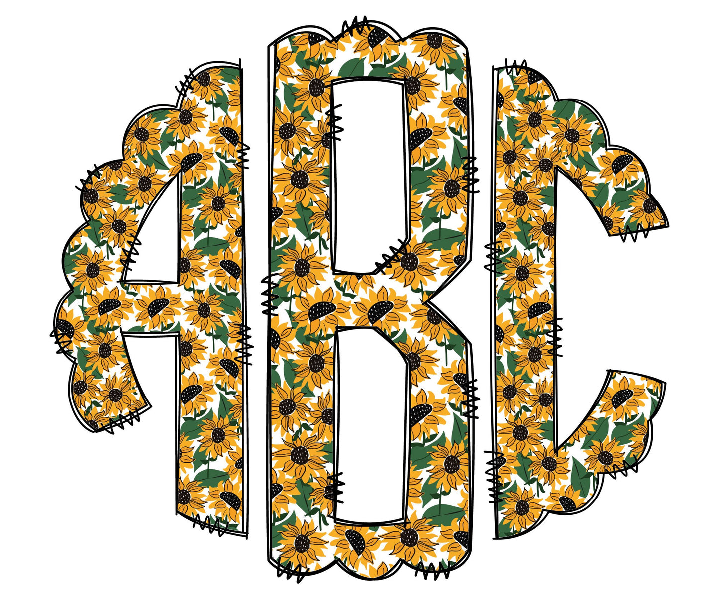 Sunflower Fall Monogram Letters, Boho Sublimation PNG Elements Hand Drawn Doodle Alpha Bundle, Spring Gingham Sublimation Font PNG Floral