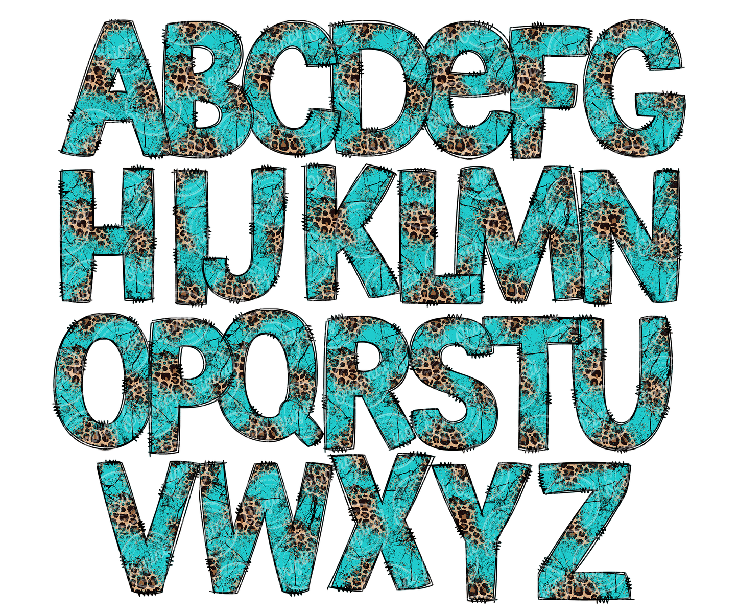 Leopard Turquoise Print Alphabet Letters Bundle, Cheetah Bleach Western, Hand Drawn Alphabet Doodle, Sublimation Alpha Set Designs PNG