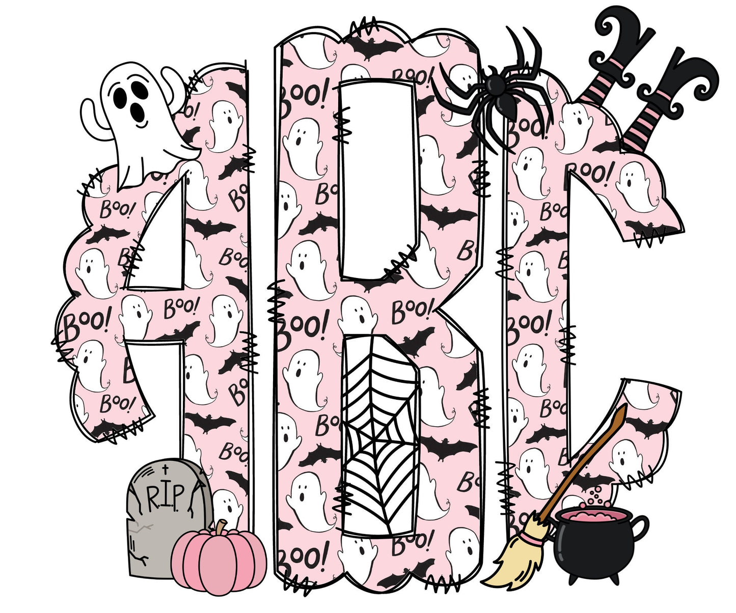 Pink Halloween Monogram Letters with Clip Art PNG, Fall Autumn Clipart Sublimation, Doodle Alpha Bundle, Trick or Treat Sublimation Font PNG