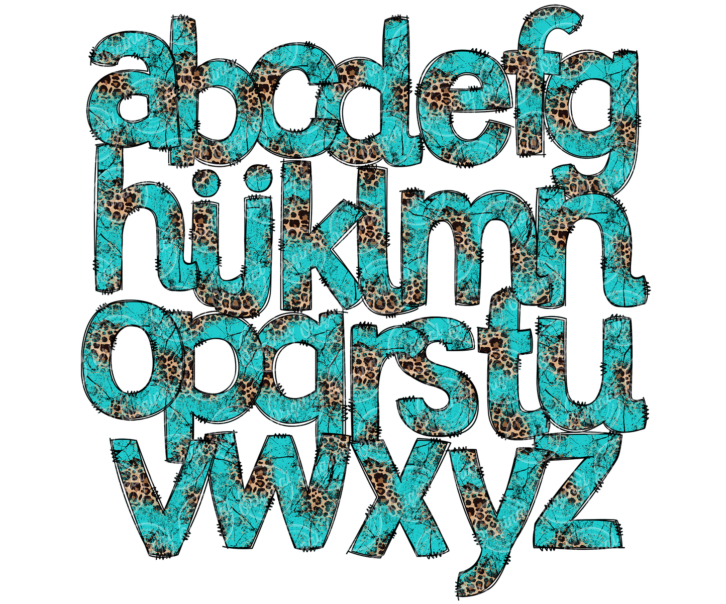 Leopard Turquoise Print Alphabet Letters Bundle, Cheetah Bleach Western, Hand Drawn Alphabet Doodle, Sublimation Alpha Set Designs PNG