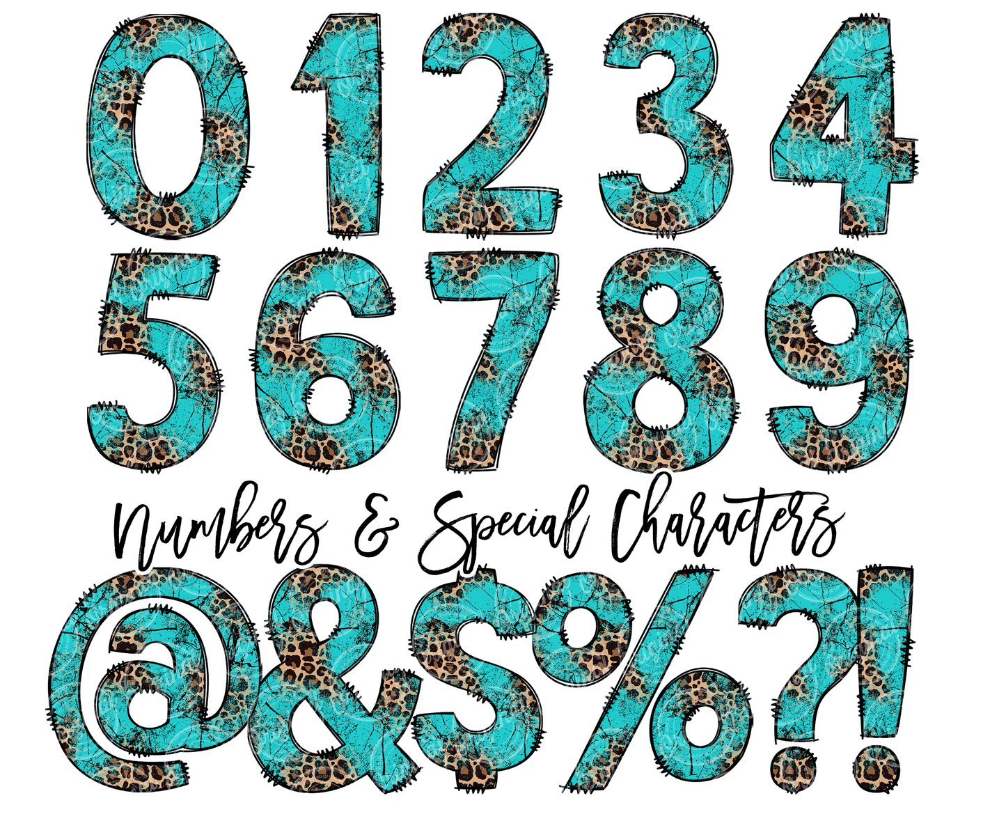 Leopard Turquoise Print Alphabet Letters Bundle, Cheetah Bleach Western, Hand Drawn Alphabet Doodle, Sublimation Alpha Set Designs PNG