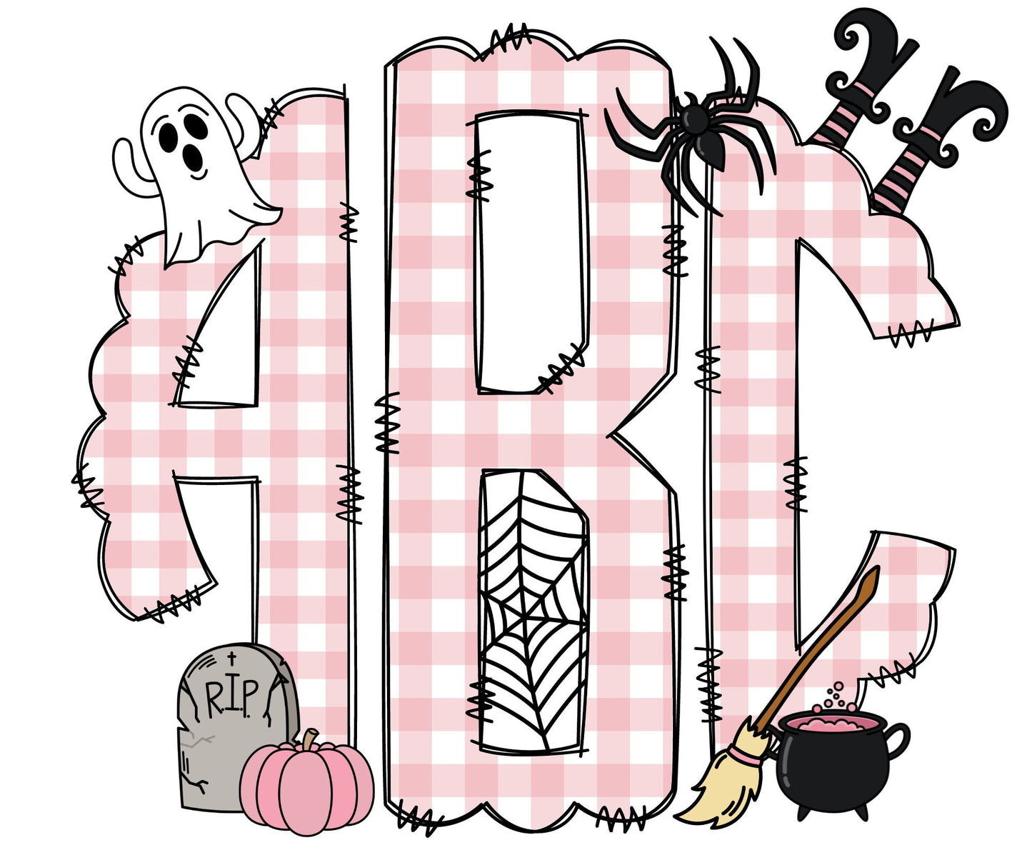 Pink Halloween Monogram Letters with Clip Art PNG, Fall Autumn Clipart Sublimation, Doodle Alpha Bundle, Trick or Treat Sublimation Font PNG