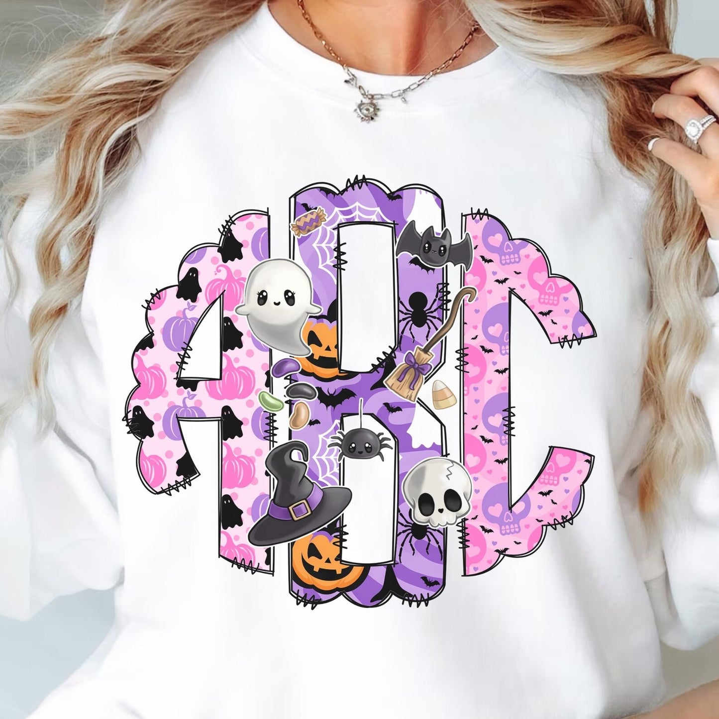 Pink Pastel Halloween Monogram Letter with Clip Art PNG, Halloween Clipart Sublimation, Doodle Alpha Bundle, Trick or Treat Sublimation PNG