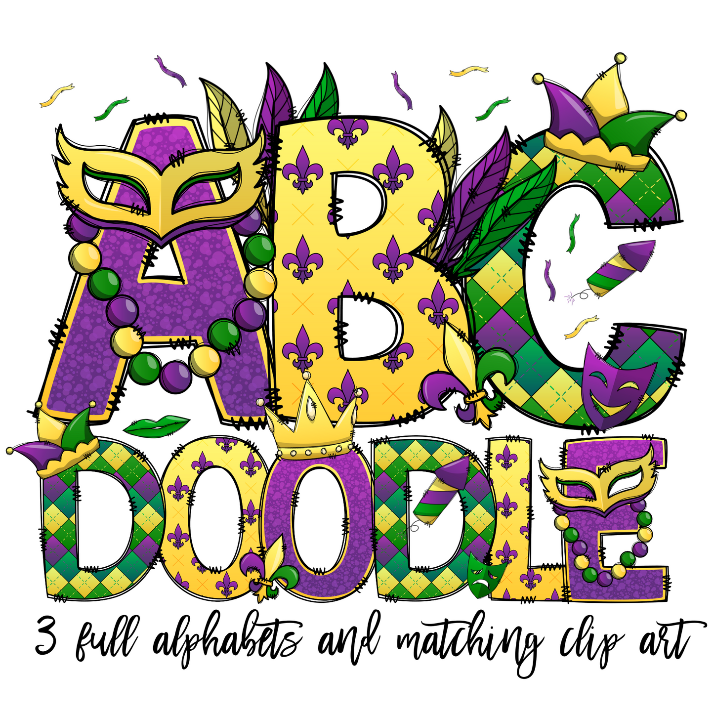 Mardi Gras Doodle letters with Clip Art PNG Files, Make your own Name, Doodle Alpha Bundle Mari Gras Clipart Alphabet Doodle Set PNG