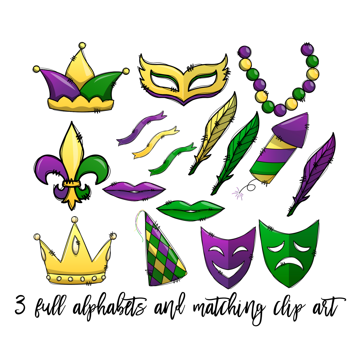 Mardi Gras Doodle letters with Clip Art PNG Files, Make your own Name, Doodle Alpha Bundle Mari Gras Clipart Alphabet Doodle Set PNG