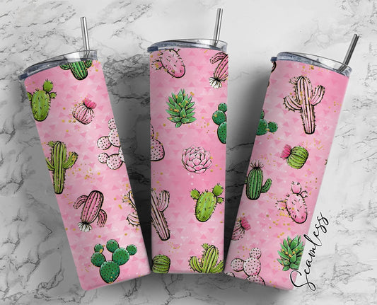 Cactus On Pink Background 20oz Tumbler Wrap, Seamless Skinny Tumbler, Sublimation Design PNG - 182