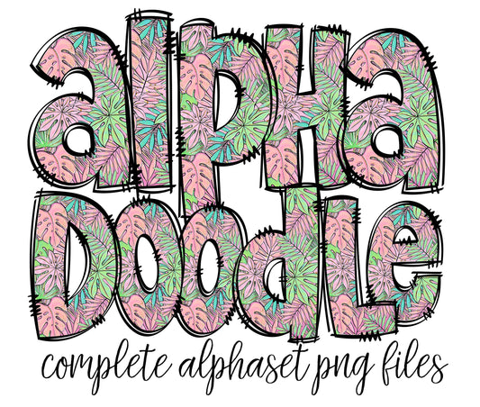 Tropical Leaves Alphabet Letters PNG Bundle, Summer Mothers Day Flower Watercolor, Hand Drawn Doodle, Sublimation Alpha Set Designs PNG 1279