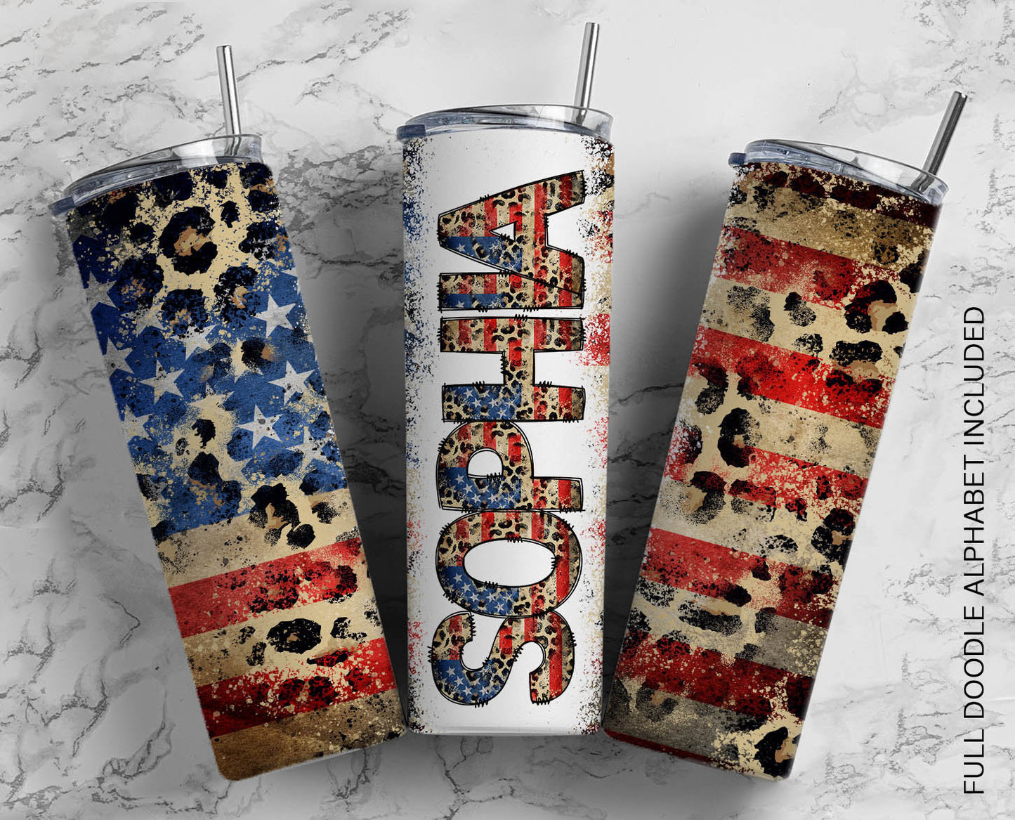 USA FLAG Wrap Letters with Matching Tumbler Template, Leopard Doodle Alphabet Font PNG, 20 oz Tumbler, Sublimation, Waterslide Designs