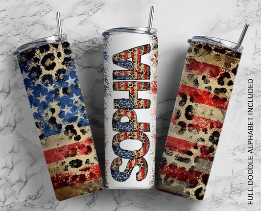 USA FLAG Wrap Letters with Matching Tumbler Template, Leopard Doodle Alphabet Font PNG, 20 oz Tumbler, Sublimation, Waterslide Designs