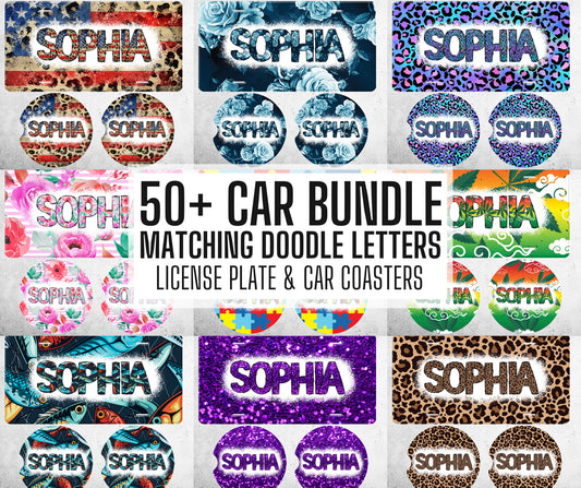 50+ Add Your Name, Doodle Letters Car Sublimation Designs, License Plate, Car Coaster with Hand Drawn Doodle Alphabet Car Custom Name PNG