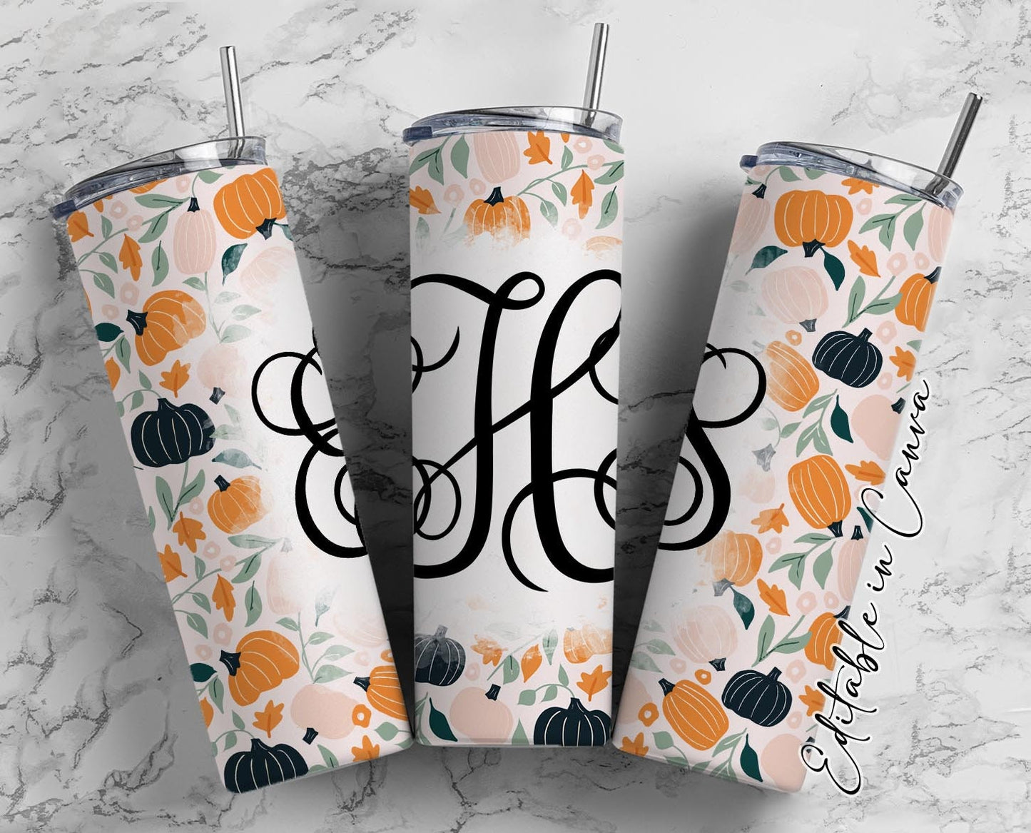 EDITABLE Thanksgiving Monogram 20oz Straight Tumbler Wrap Designs, Make Your Own Custom Peronalized Design, Boho Pumpkins, Canva Tempalte