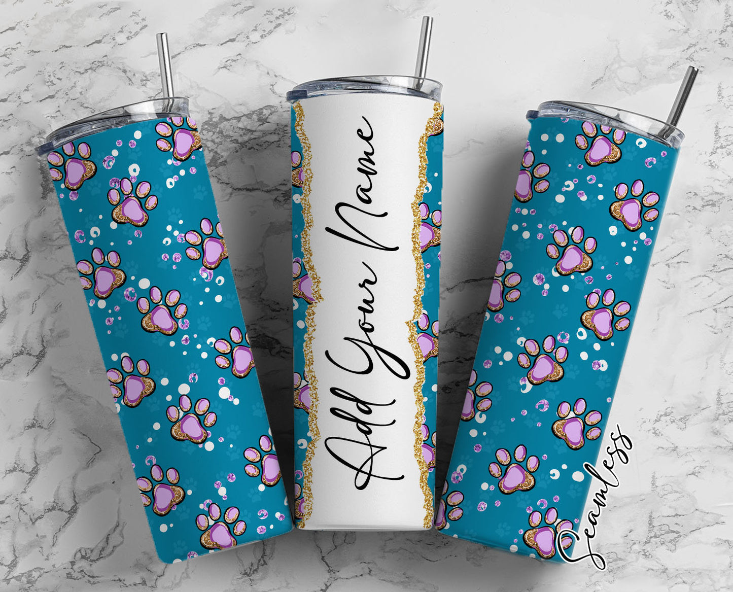 Paw Print Seamless Add Your Own Name, 20oz Sublimation Tumbler Designs, Skinny Tumbler Wraps Template - 223