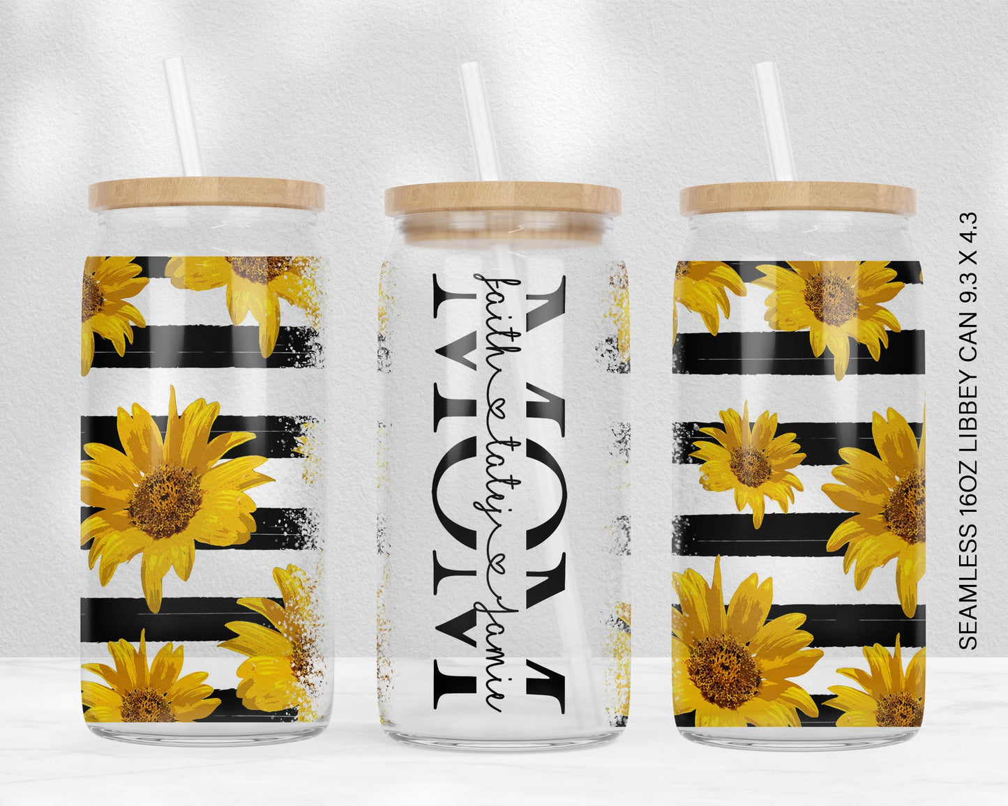 Sunflower Stripes 16oz Libbey Glass Can Tumbler Seamless, 16oz Glass Can Wrap, Sublimation Designs, Mothers Day, Can Template Designs PNG