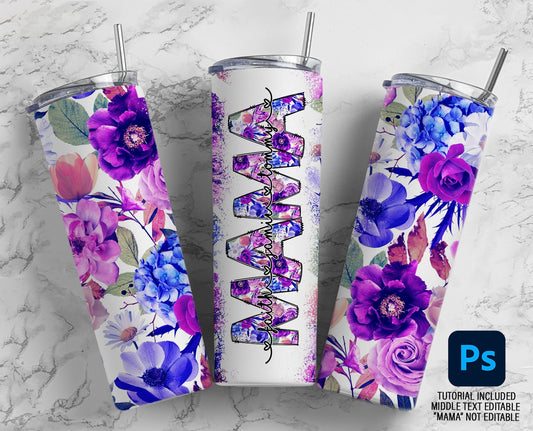 Purple Floral Editable Kids Names Mom Tumbler Wrap, Edit in Photoshop Tutorial Included, Mom Sublimation 20oz Tumbler Designs PNG