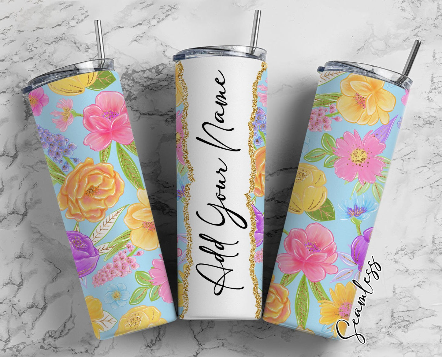 Floral Seamless Add Your Own Name, 20oz Sublimation Tumbler Designs, Skinny Tumbler Wraps Template - 259