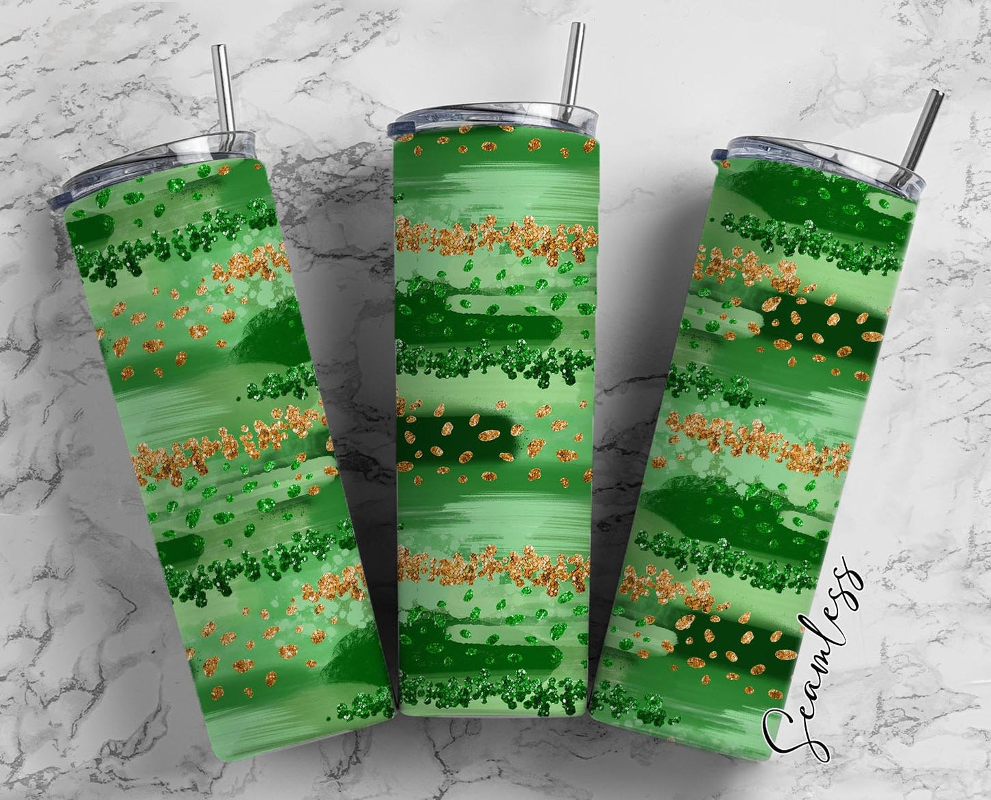 Green And Gold Watercolor 20oz Tumbler Wrap, Seamless Skinny Tumbler, Sublimation Design PNG - 896