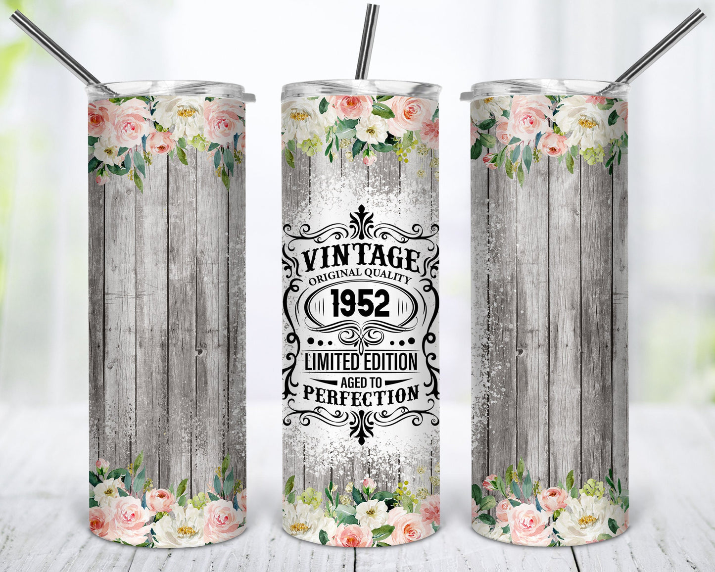 70th Birthday 1952 Wood Floral Background Vintage Sublimation Seamless Design Tumbler - 20oz Skinny Straight Tumbler Wraps Template - PNG