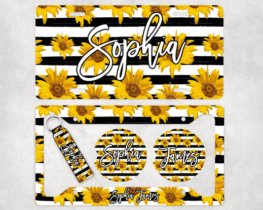 Sunflower Add Your Name Car Sublimation Designs, Car Coaster Bundle PNG, Licence Plate Holder Frames, Key Fob Wristlet Keychain