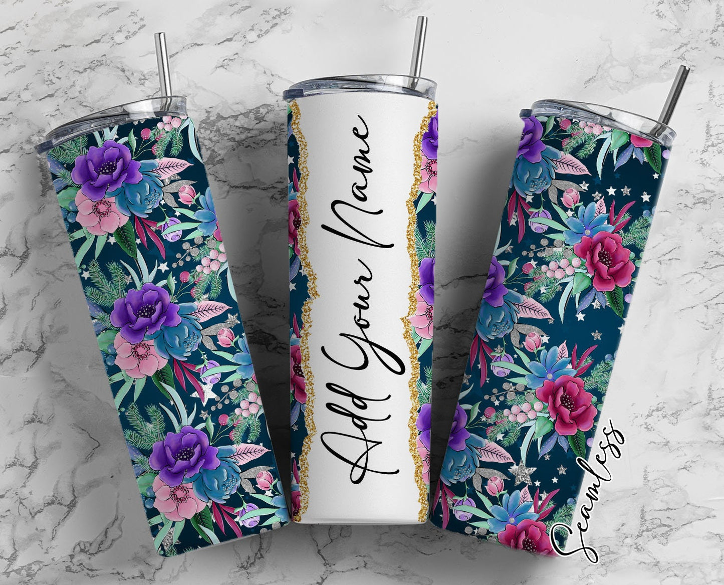 Flower Seamless Add Your Own Name, 20oz Sublimation Tumbler Designs, Skinny Tumbler Wraps Template - 61