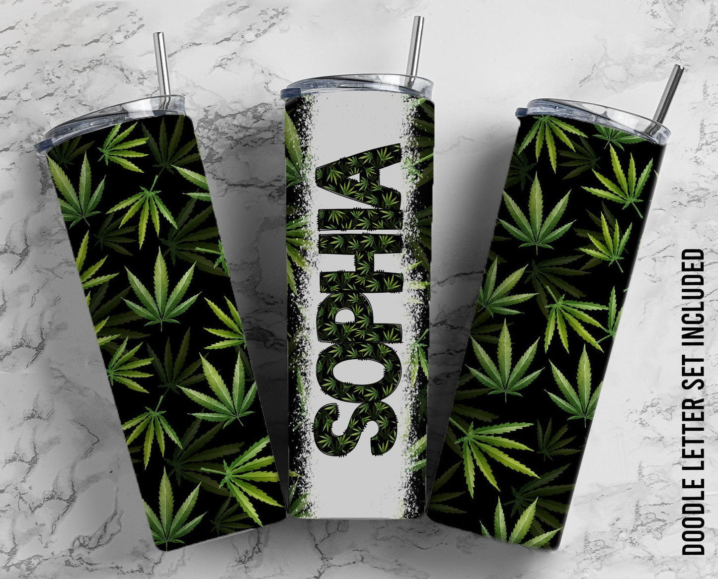 Weed Seamless Add Your Own Text, Full Doodle Letter Set with 20oz Seamless Tumbler Design, Marijuana Tumbler Wrap PNG