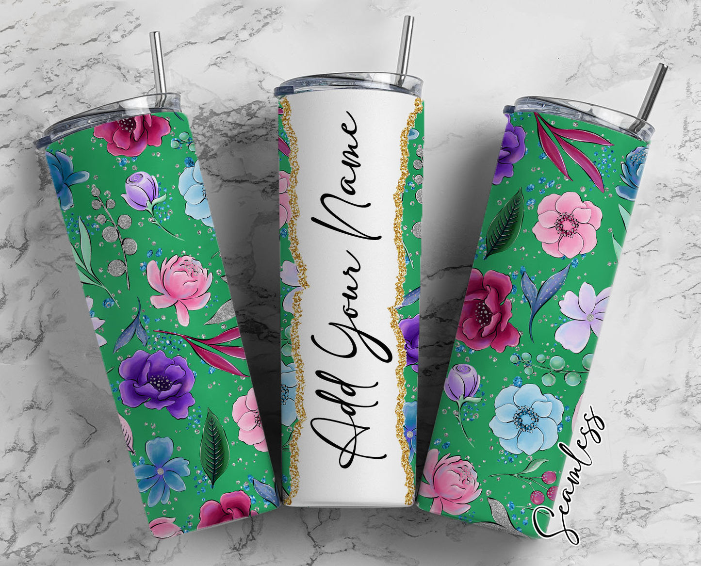 Floral Pattern Add Your Own Name, 20oz Sublimation Tumbler Designs, Skinny Tumbler Wraps Template - 65