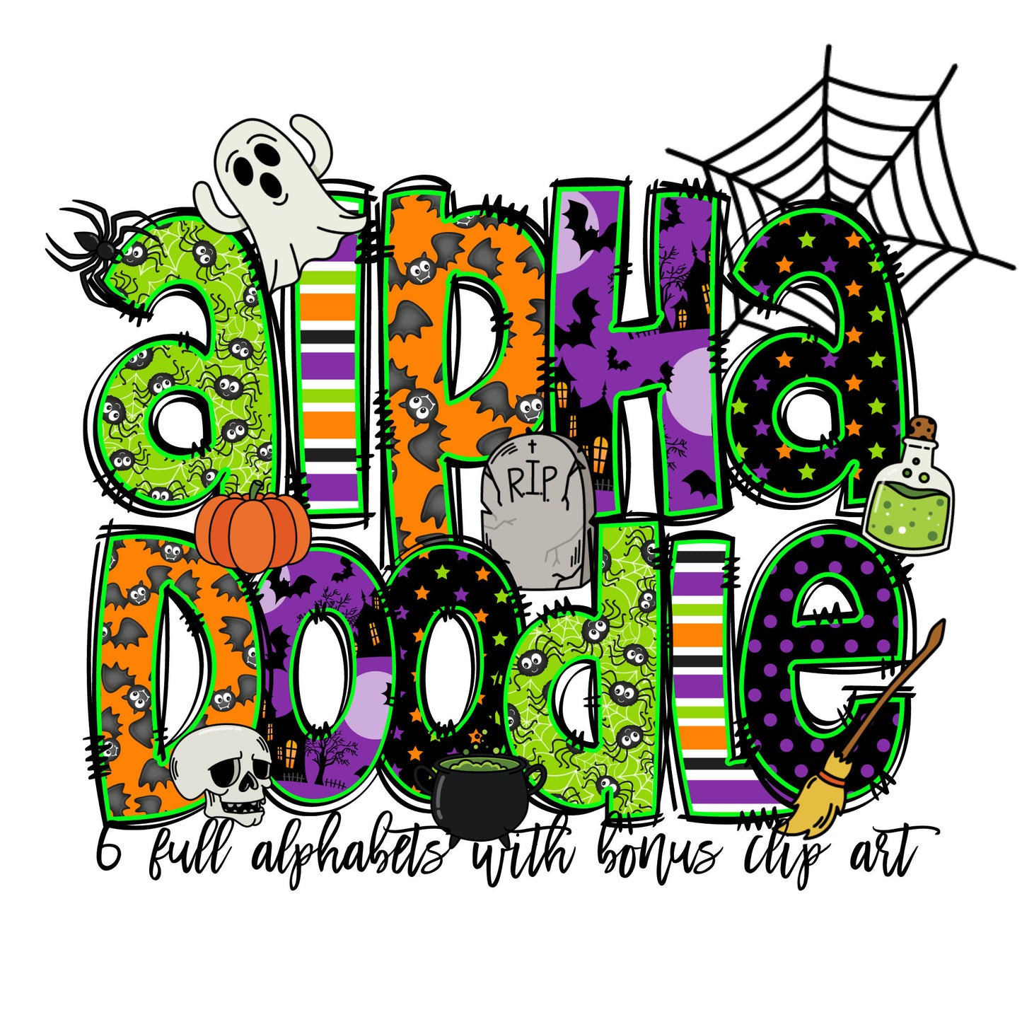 Halloween Doodle letters with Clip Art PNG Files, Make your own Name, Doodle Alpha Bundle, Halloween Clipart Alphabet Doodle Set PNG