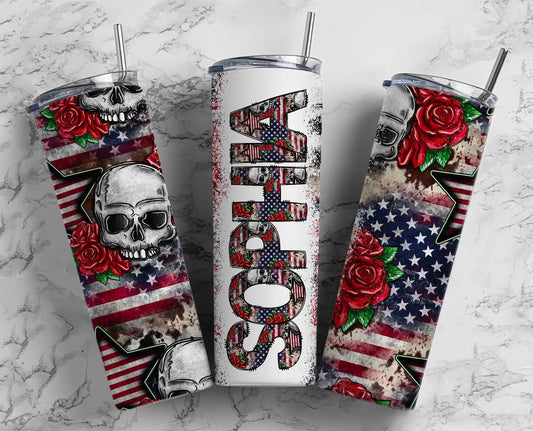 Skull Roses Tumbler + Doodle Letter Set, Add Your Own Name, Tumbler Design Seamless Country Sublimation Designs, Straight 20oz PNG