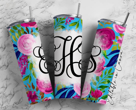 EDITABLE Floral Monogram 20oz Straight Tumbler Wrap Designs, Make Your Own Custom Peronalized Design, Pink Blue Flowers Easy Canva Tempalte