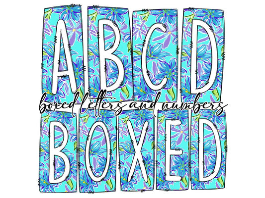 Blue Floral Box Doodle Letters, Western Hand Drawn Doodle Alphabet Set, Sublimation Designs PNG - 1366