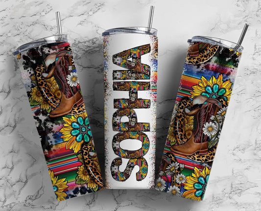 Wester Tumbler + Doodle Letter Set, Add Your Own Name, Aztec Country Tumbler Design Seamless Country Sublimation Designs, Straight 20oz PNG