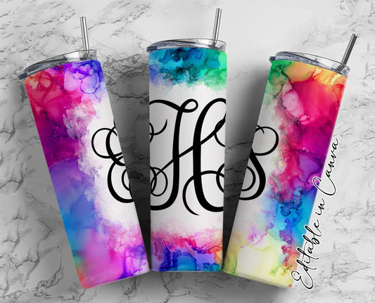 EDITABLE Rainbow Ink Monogram 20oz Straight Tumbler Wrap Designs, Make Your Own Custom Peronalized Design, Easy Canva Tempalte