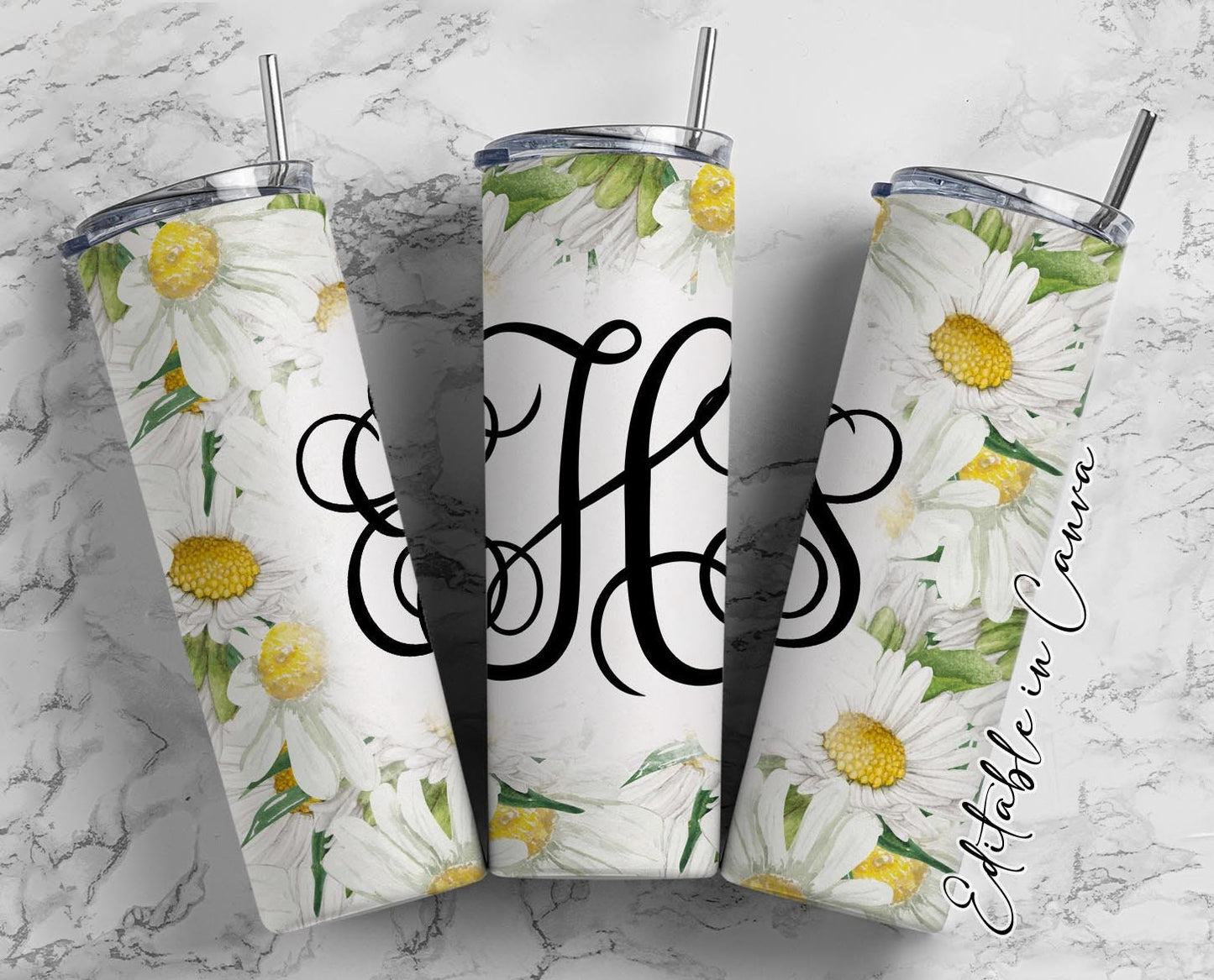 EDITABLE Daisy Monogram 20oz Straight Tumbler Wrap Designs, Make Your Own Custom Peronalized Design, Easy Canva Tempalte